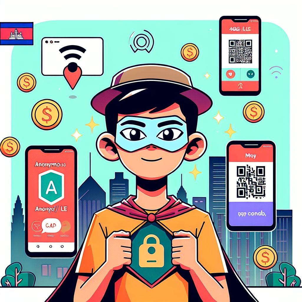 Cartoon gamer holding an Android phone with KH55 app screen, coins and KHQR payment icons