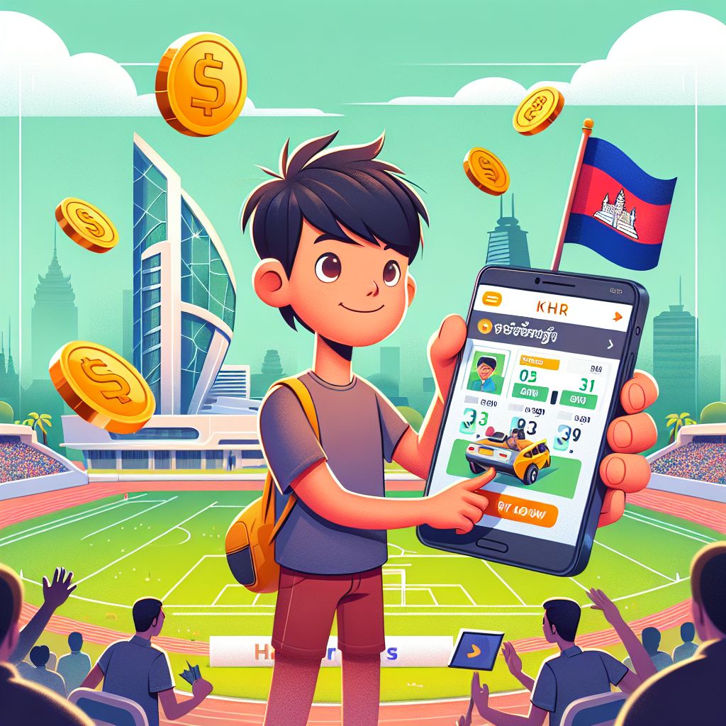 KH55 cartoon bettor holding a phone with sports odds and KHR coins, city lights in the background