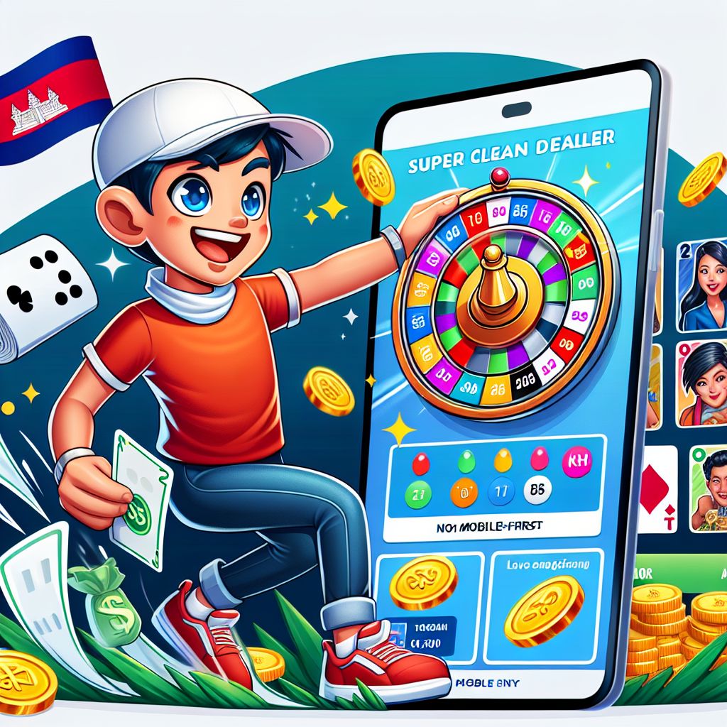 KH55 casino cartoon character holding a smartphone with slot icons and KHR coins