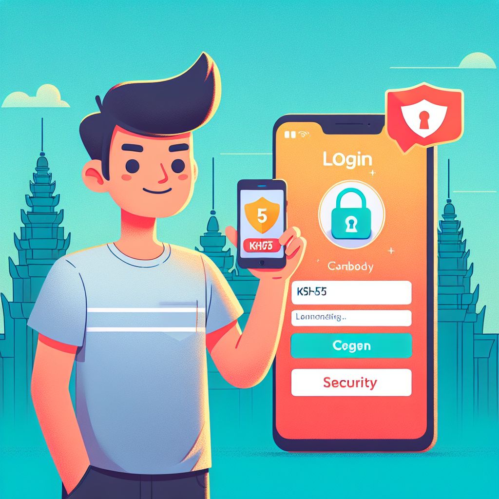Cartoon character holding a phone with a KH55 login screen and secure lock icons