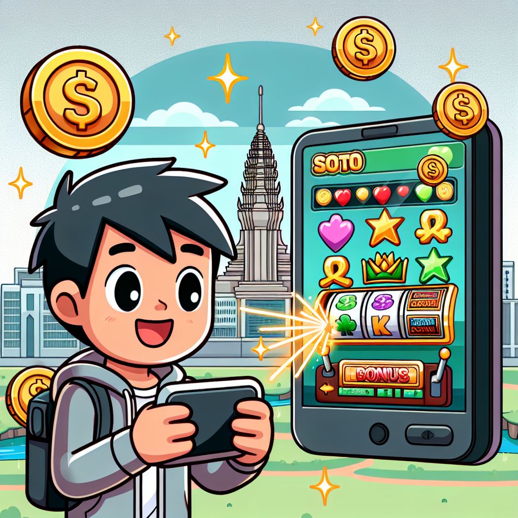 Cartoon gamer spinning a colorful slot on a smartphone with KHR coins and bonus icons